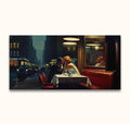 Edward Hopper-inspired painting of a couple in a diner at night. Hand-painted, oil on canvas, capturing a romantic moment. High-quality, ready to hang.