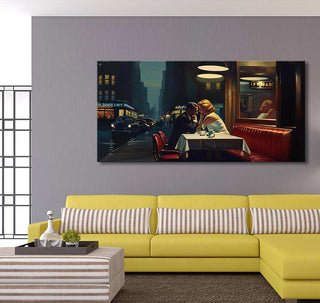 Edward Hopper-inspired oil painting Rendez Vous: A couple in a diner with a city street backdrop, perfect for modern art enthusiasts.