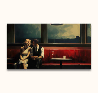 Two people in a red booth, mid-century attire, intimate conversation. Edward Hopper-inspired oil painting, Early Sunday Morning, ready to hang, high-quality materials.