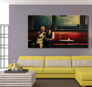 Edward Hopper signature painting, Early Sunday Morning: Elegant couple in a dim bar, oil on canvas, museum-quality, ready to hang. Perfect for modern art lovers.