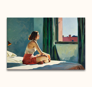 Edward Hopper-style painting of a woman in sunlight on a bed, conveying modern realism. Oil on canvas, perfect for art enthusiasts.