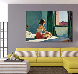 Edward Hopper signature - Morning Sun: A hand-painted oil artwork of a woman in sunlight, kneeling and gazing out a window. Ideal for modern interiors.