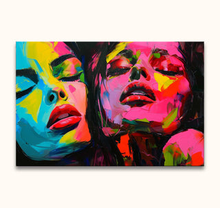 Twee gezichten met gesloten ogen in expressief, neon olieverfschilderij 'Colorful Twins' door Françoise Nielly. Handgeschilderd en klaar om op te hangen.