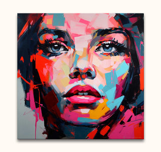 Abstract portrait of a woman's face with bold brushstrokes by Françoise Nielly. Monica in the Morning, expressive pop-art style, ready to hang.
