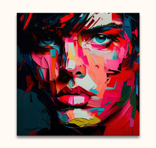Françoise Nielly-signature - Dave by Night: Abstract portrait with angular blocks forming a man’s face, showcasing expressive, cubist-inspired style on museum-quality canvas.