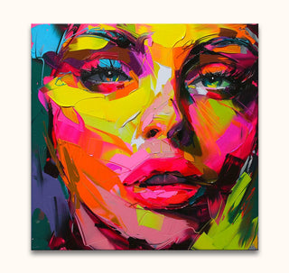 Françoise Nielly-signature - Christin in the Morning: A vibrant, abstract oil portrait of a woman's face in bold neon colors, capturing expressionistic modern art.