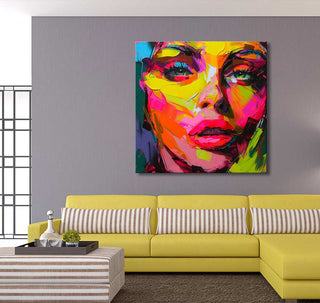 Françoise Nielly-signature painting Christin in the Morning features a vivid abstract woman's face, enhancing modern interiors with expressive, pop-art style.