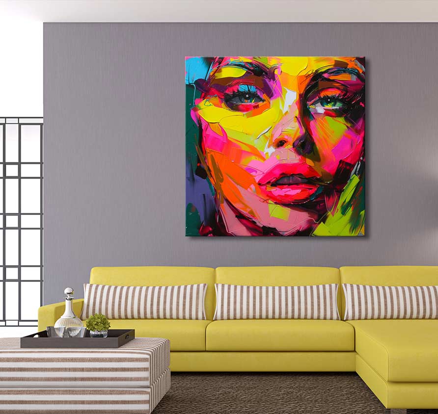 Françoise Nielly-signature painting Christin in the Morning features a vivid abstract woman's face, enhancing modern interiors with expressive, pop-art style.