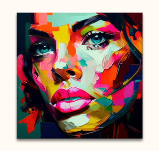 Françoise Nielly-signature - Gaby by Night: Expressive portrait of a woman's face in bold brushstrokes, showcasing vibrant modern pop art. Ready-to-hang on a wooden frame.