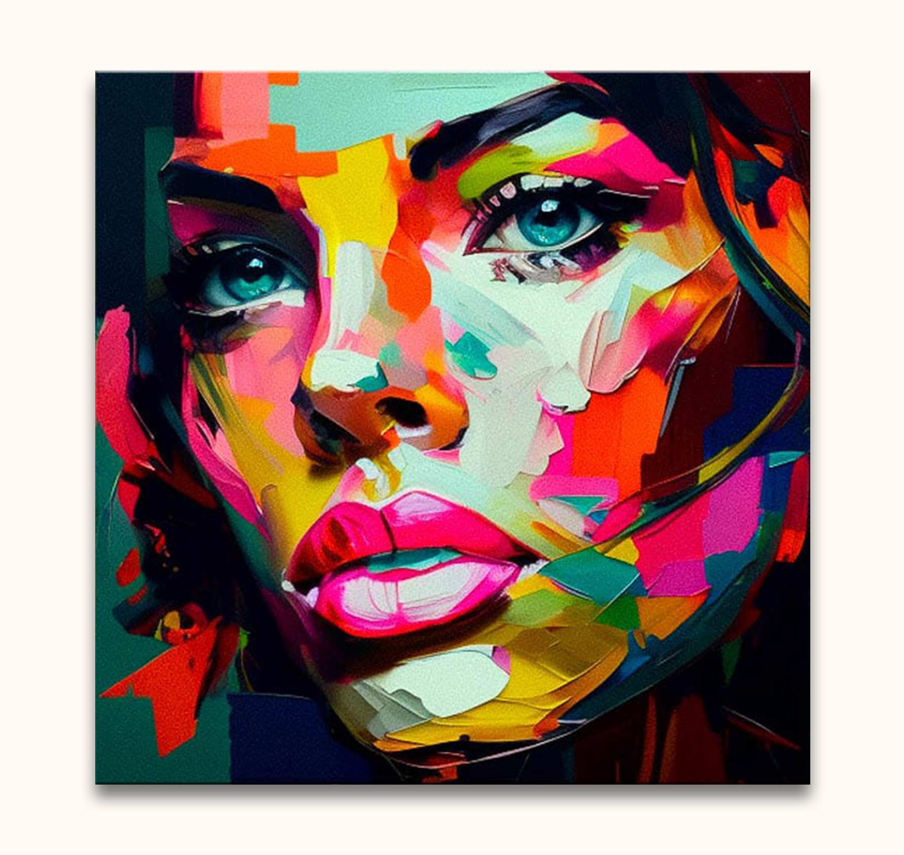Françoise Nielly-signature - Gaby by Night: Expressive portrait of a woman's face in bold brushstrokes, showcasing vibrant modern pop art. Ready-to-hang on a wooden frame.