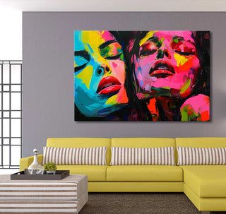 Françoise Nielly-signature schilderij 'Colorful Twins': Twee gestileerde vrouwengezichten in pop-art stijl. Handgeschilderd olieverf op doek, klaar om op te hangen.