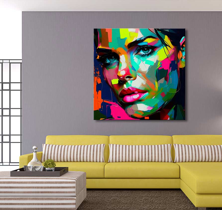 Françoise Nielly-signature 'Samantha in Love': A vibrant pop-art portrait of a woman's face, hand-painted in bold colors, adorning a modern living room.