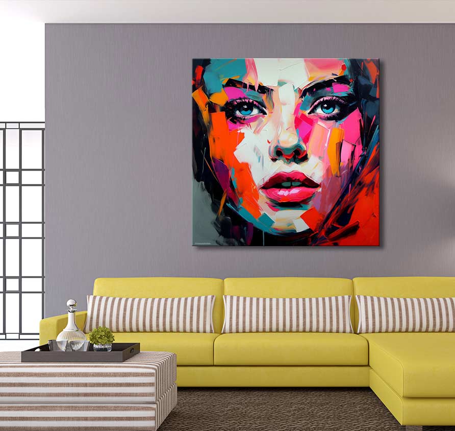 Françoise Nielly-signature - Melany's Daydream: A vibrant, hand-painted pop art portrait of a woman's face, centered above a modern sofa in a stylish living room setting.