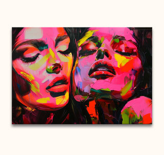 Françoise Nielly-signature - Pink Twins: A vibrant, abstract painting of two women with closed eyes, featuring expressive neon strokes, embodying dynamic and sensual artistry.