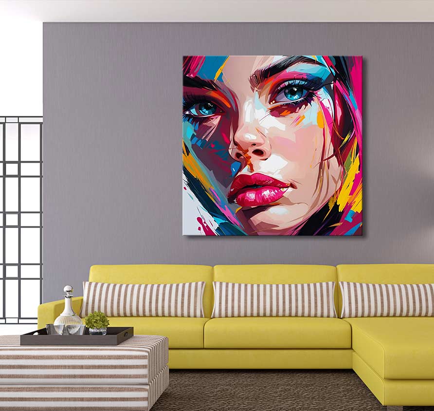Françoise Nielly's Rebecca by Night pop-art portrait on gray wall, above yellow sofa; vibrant, expressive hand-painted artwork for modern interiors.