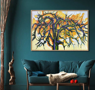 Frans van Veen's 'De Perelaar' painting, depicting a stylized tree in vibrant hues, is framed above a teal sofa in a modern living room setting.