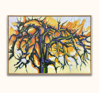 Frans van Veen's De Perelaar, a 100x70cm impasto-style painting, features a twisted tree with expressive brushstrokes, framed in a natural wood frame.