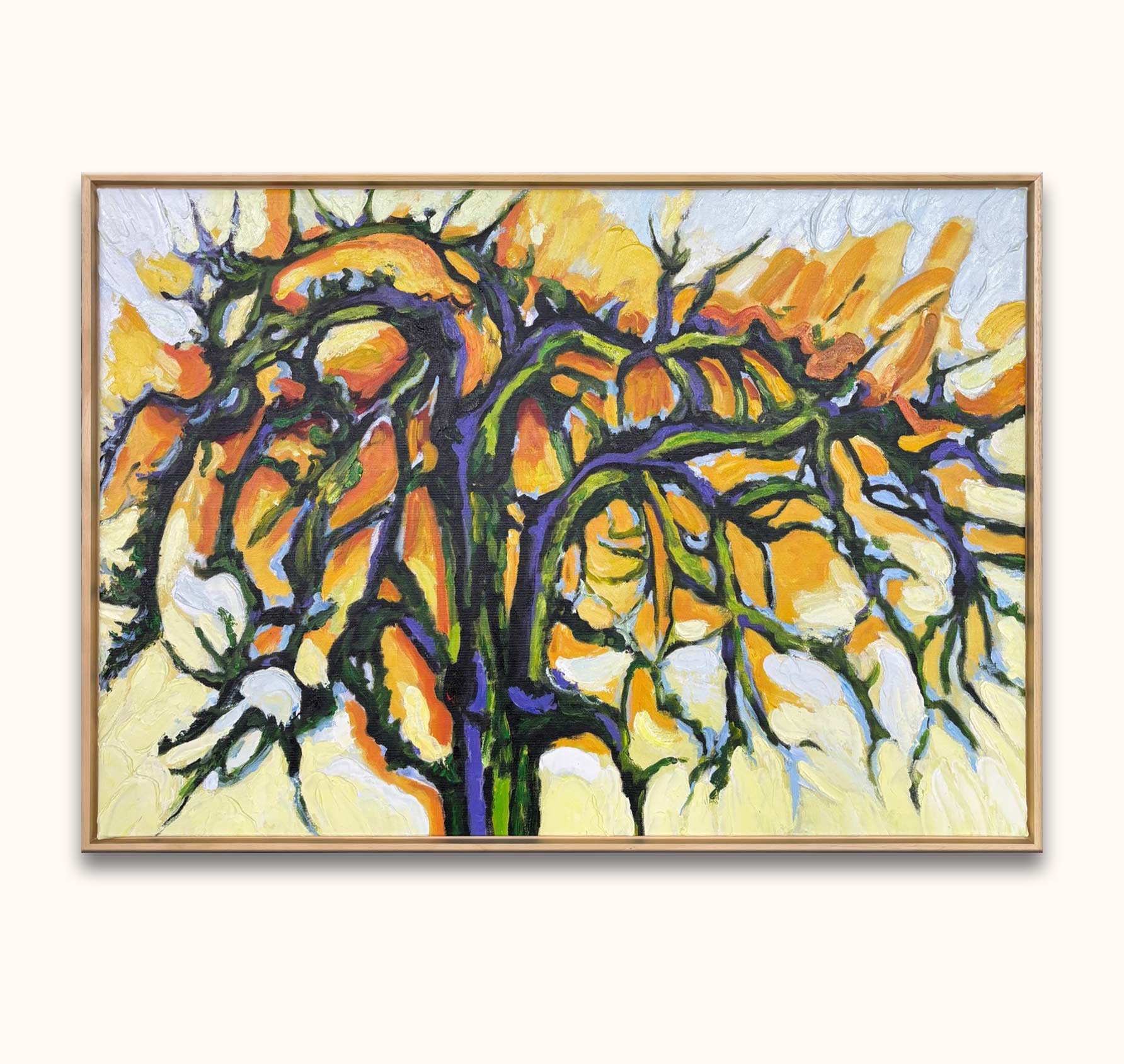 Frans van Veen's De Perelaar, a 100x70cm impasto-style painting, features a twisted tree with expressive brushstrokes, framed in a natural wood frame.