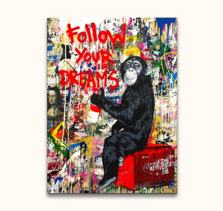 Banksy-inspired chimpanzee with spray can on Coca-Cola crate, graffiti backdrop. Hand-painted oil on canvas, ready to hang, perfect for street art enthusiasts.