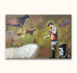 Banksy-inspired 'Graffiti Cleaner' painting: a workman pressure-washes cave art. Hand-painted, stretched on a wood frame, ready to hang, perfect for pop and street art lovers.