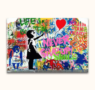 Banksy-inspired street art painting 'Never Give Up' featuring a girl reaching for a heart balloon amidst vibrant graffiti. Hand-painted and ready to hang.