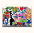 Banksy-inspired street art painting 'Never Give Up' featuring a girl reaching for a heart balloon amidst vibrant graffiti. Hand-painted and ready to hang.