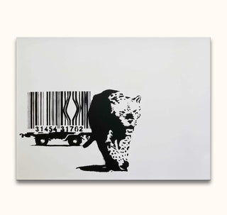 Banksy - 'Tiger with Barcode': Black-and-white stencil-style artwork depicting a leopard escaping from a railcar's barcode load. Hand-painted, street pop art.