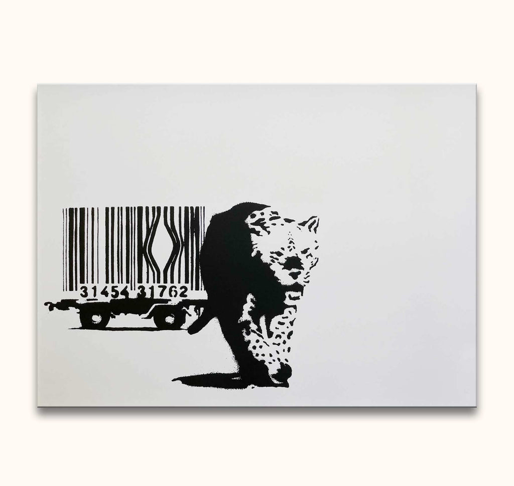 Banksy - 'Tiger with Barcode': Black-and-white stencil-style artwork depicting a leopard escaping from a railcar's barcode load. Hand-painted, street pop art.