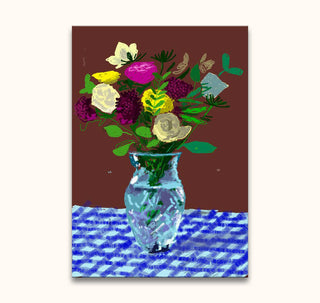 David Hockney's '20 Flowers' painting featuring a glass vase with a vibrant bouquet on a checkered cloth, embodying modern impressionism. Ready to hang, no frame needed.