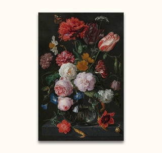 Jan Davidsz - De Heem: Hand-painted still life of diverse flowers in a glass vase on a stone ledge, with butterfly and snail, in classic Dutch style.