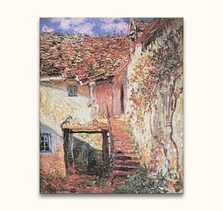 Impressionist oil painting De Trap by Claude Monet, featuring a rustic house with a stone staircase and vine, expertly capturing light and color.