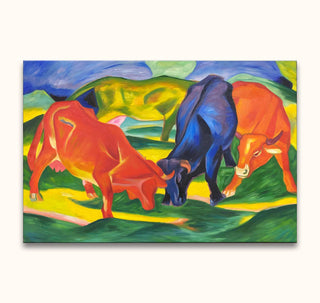 Franz Marc's Fighting Cows, a vibrant, expressive painting of three colorful bovines grazing in an abstract landscape, showcasing modern artistic techniques.