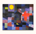 Paul Klee's Fire at Full Moon features interlocking geometric shapes in jewel tones, highlighted by a vivid orange-red cross on an off-white background.