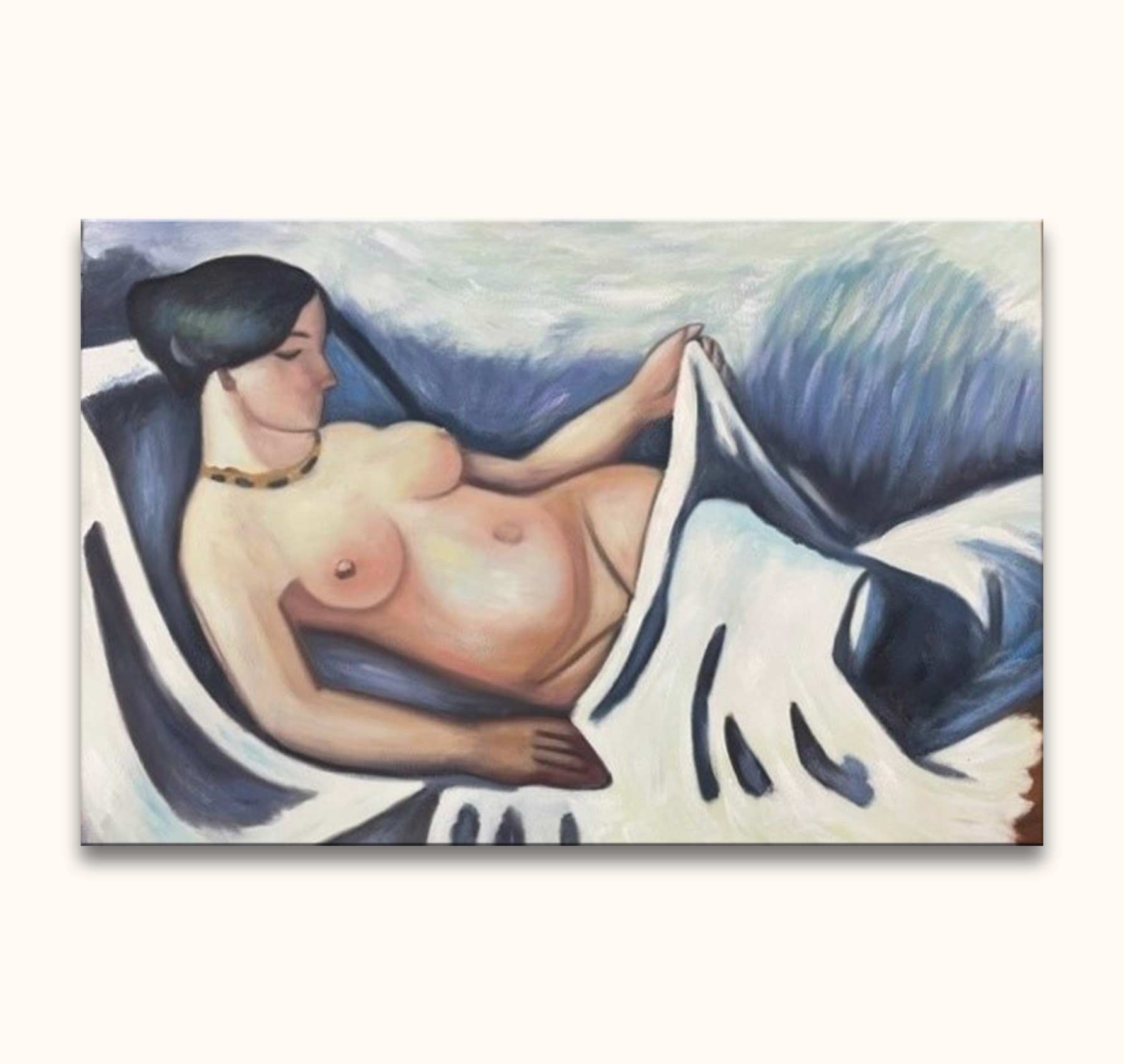 Liggende vrouw op een bed, handgeschilderd door August Macke. Olieverf op canvas, expressieve moderne kunst. Perfect voor interieurontwerp.