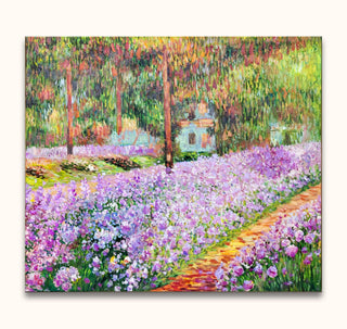 Claude Monet's Bloementuin: Impressionistisch olieverfschilderij met een weelderige tuin, kronkelend pad, bloemen en bomen, opgespannen op houten frame, klaar om op te hangen.