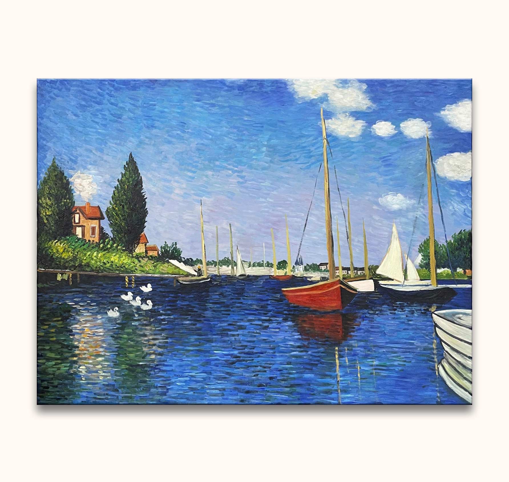 Zeilhaven van La Rochelle olieverfschilderij in impressionistische stijl met kleurrijke boten en waterreflecties, geïnspireerd door Claude Monet. Perfect voor moderne kunstliefhebbers.