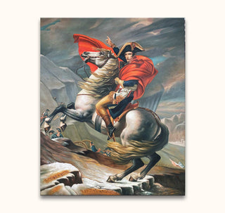 Napoleon Bonaparte crossing the Alps on a rearing white horse, dramatic early-19th-century-style equestrian portrait by Jacques Louis David. Hand-painted oil, ready-to-hang.