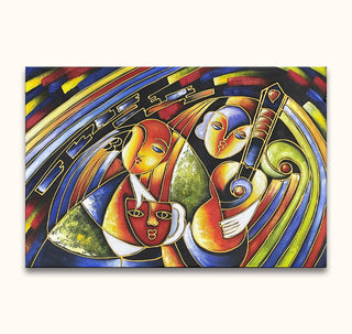 Twee gestileerde figuren met gitaar in kubistische stijl, schilderij Avond met Muziek door Picasso, handgeschilderd op museumkwaliteit canvas, perfecte expressieve kunst voor elk interieur.