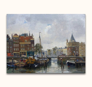 Willem Alexander Knip's 'Oude Haven, Rotterdam' oil painting depicts a bustling canal scene with boats, historic brick buildings, and a distant bridge.
