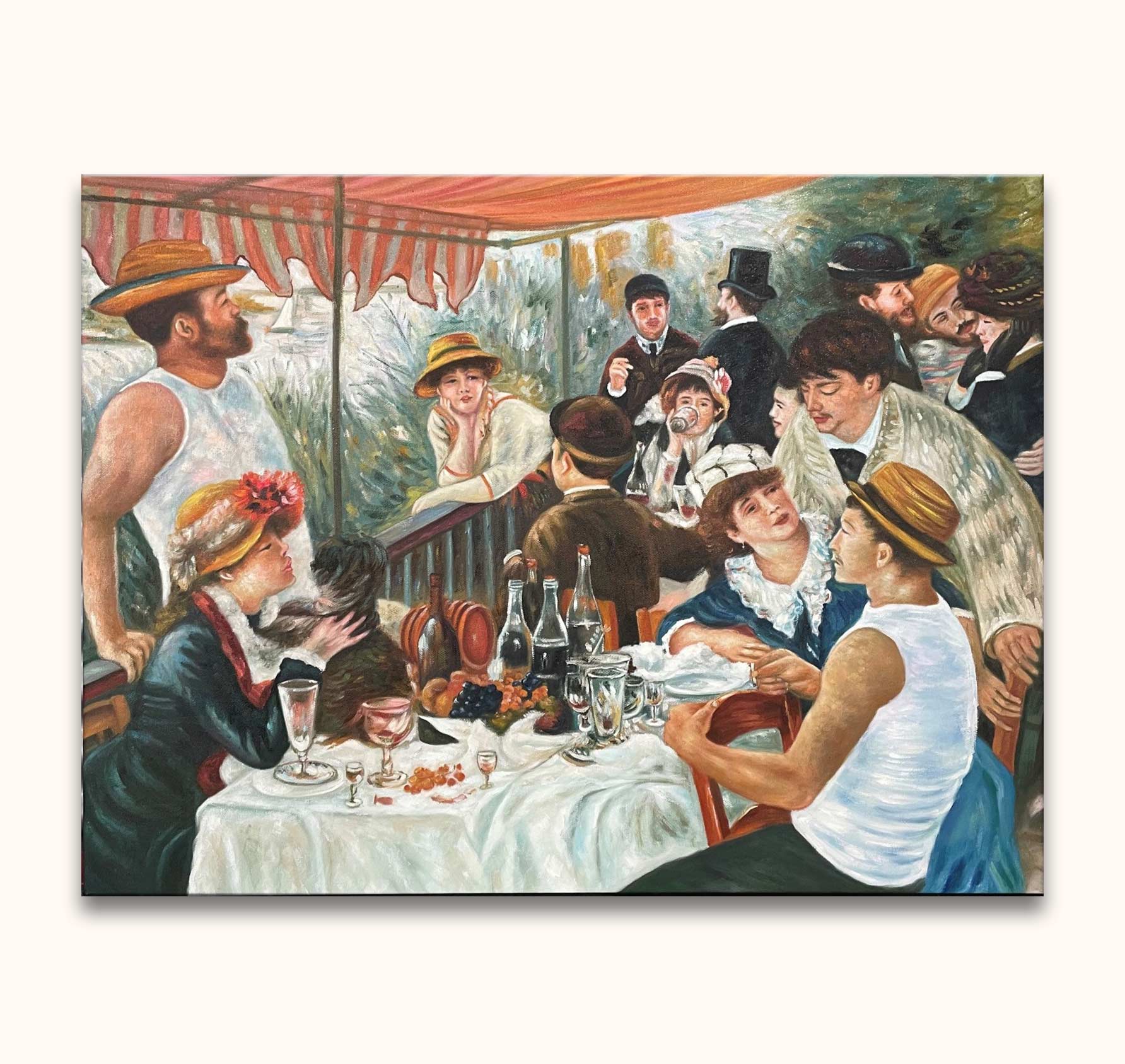 Pierre-Auguste Renoir's Lunch van de Roeiers, an Impressionist scene of a lively riverside luncheon with elegantly dressed figures, hand-painted on museum-quality canvas.