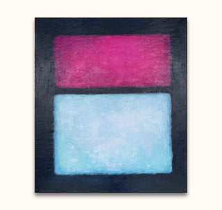 Rothko signature - Compositie 3: Abstract oil painting with magenta and sky-blue rectangles on dark background, hand-painted for modern interiors.