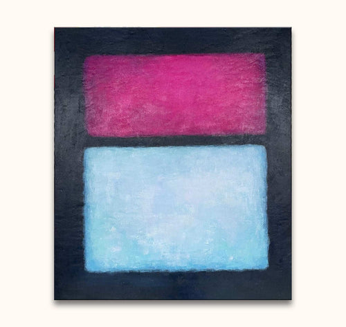 Rothko signature - Compositie 3: Abstract oil painting with magenta and sky-blue rectangles on dark background, hand-painted for modern interiors.