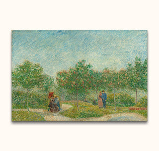 Vincent van Gogh's Tuin met Geliefden: Neo-Impressionist landscape with couples in a tree-lined park, hand-painted on museum-quality canvas, ready to hang.