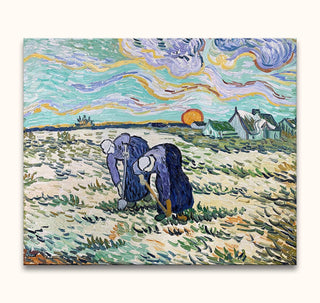 Vincent van Gogh - Twee Boerinnen: Two women harvesting in a field, painted in post-Impressionist style. Hand-painted oil on canvas, stretched on wood, ready to hang.