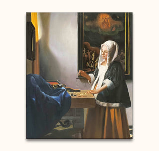 Jonge vrouw met weegschaal in 17e-eeuwse stijl, geïnspireerd door Vermeer. Handgeschilderd olieverfschilderij, klaar om op te hangen. Geschikt voor kunstliefhebbers.