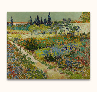 Vincent van Gogh - Tuin te Arles: post-Impressionist painting of a blooming garden with winding path, cypress trees, and white walls. Hand-painted on museum-quality canvas.
