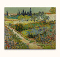 Vincent van Gogh - Tuin te Arles: post-Impressionist painting of a blooming garden with winding path, cypress trees, and white walls. Hand-painted on museum-quality canvas.