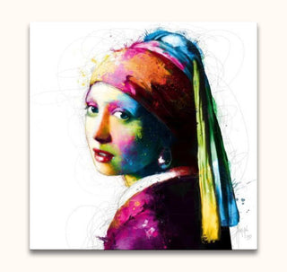 Patrice Murcaino's vibrant 'Meisje met de Parel' reimagines Vermeer's classic, showcasing a modern expressionist style with bold colors on quality canvas.