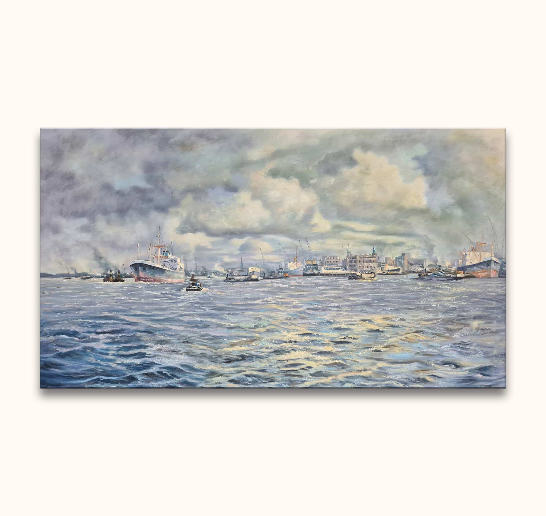 Marius de Jongere's 'Havenpanorama': A bustling harbor scene with ships, cityscape, and atmospheric sky, hand-painted on museum-quality canvas, ready to hang.