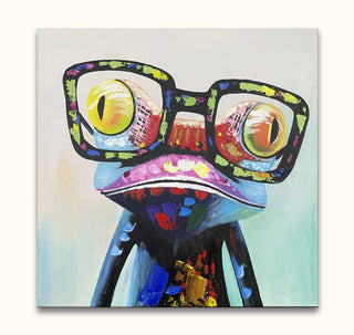 Kleurrijk schilderij van kikker met bril in pop-art stijl. 'Wise Frog' op museumkwaliteit canvas, perfect voor liefhebbers van impressionistische dierenkunst, direct op te hangen.